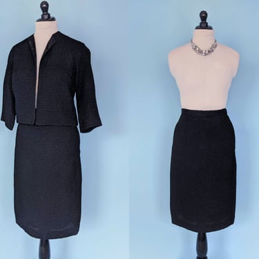 Vintage 60s Textured Black Pencil Skirt Suit, 1960s Mod Fitted Skirt and Jacket Set, Vintage Women's Suit 