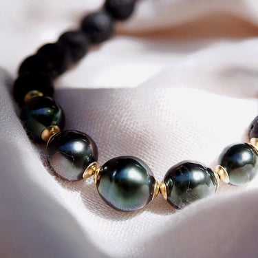 Five Black Tahitian Pearl Lava Bead Necklace, Beaded Necklace, Black Bead Necklace,Tahitian Pearl Necklace,Lava Pearl Beaded Necklace,Hawaii 