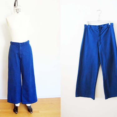 Vintage 60s Wide Leg High Waist Womens Pants 28 S M - 1960s Blue Brushed Cotton Sailor Pants - Sears Jr. Bazaar 