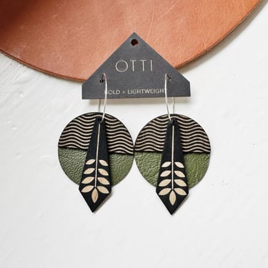 Wood+Leather Earrings in Olive Branch