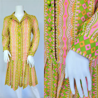 1960's Groovy RK Originals Pink Green Psychedelic Print Mini Dress I Sz Med 