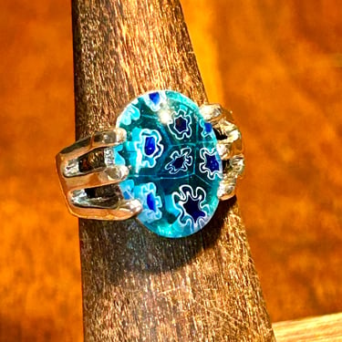Vintage Murano Art Glass Millefiori Ring Set In Silver Tone Metal Blue Flowers Retro Jewelry Gift 
