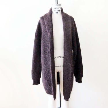 Vintage 90s Long Knit Mohair Blend Cardigan Coat S M - Dark Brown Shawl Collar Cozy Fall Winter Jacket - Buttonless 