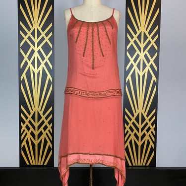 1920s style dress, sheer coral rayon, flapper dress, beaded dress, drop waist, asymmetrical, spaghetti straps, vintage cocktail dress, 34 36 