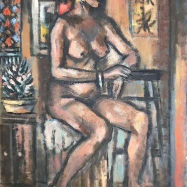 Vintage Mid Century 1950s Frederick Robbins Childs "Nude and Scroll" Original Oil Painting 
