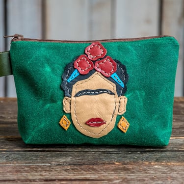 Handmade Waxed Canvas Zipper Pouch | Frida Kahlo | Leather Applique | Made in the USA 