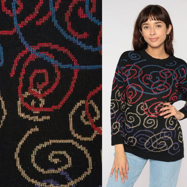 Metallic Sweater Black Swirl Sweater Knit 80s Jumper Pullover Sparkly Geometric Sweater Vintage Holiday Winter Gold Blue Acrylic Small S 