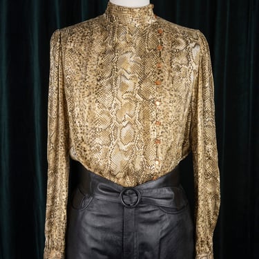 Vintage 80s Adrianna Papéll Snake Print Sheer Silk Chiffon Blouse with Asymmetrical Button Front and High Collar 