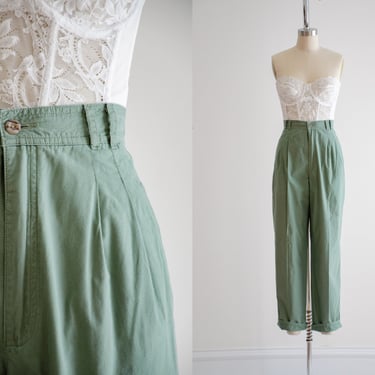 high waisted pants | 80s 90s vintage Dockers green cotton dark academia pleated straight leg trousers 