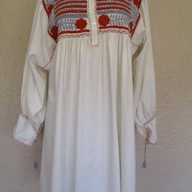 Vintage Mexican Peasant Top,  Mini Dress, M/L Women, Beige Cotton Hand Embroidered Ethnic Tunic 
