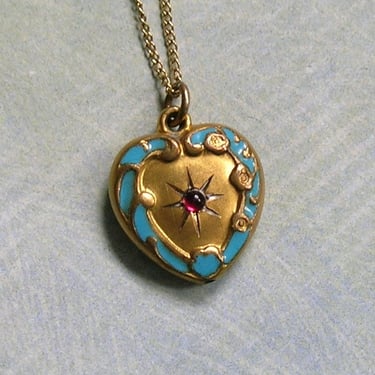 Antique Gold Filled Victorian Enamel Heart Pendant with 14K Gold Chain Necklace, Vintage Enamel Heart Pendant Attached to 14K Chain (#4344) 