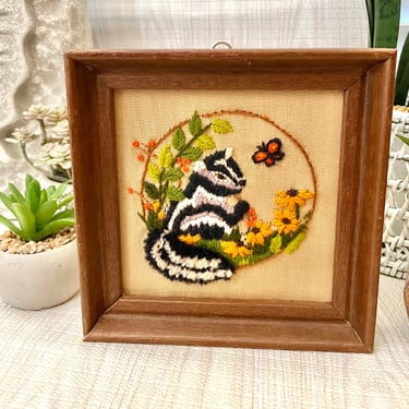 Vintage Embroidery Wall Art, Darling Skunk, Greenery, Hand Stitched Crewel, Wood Frame, 70s Home Decor 