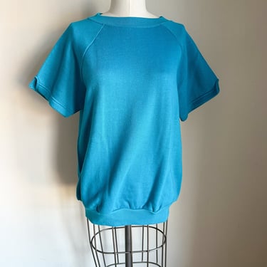 Vintage deadstock 1980s Turquoise Blue Short Sleeve Sweatshirt / M 