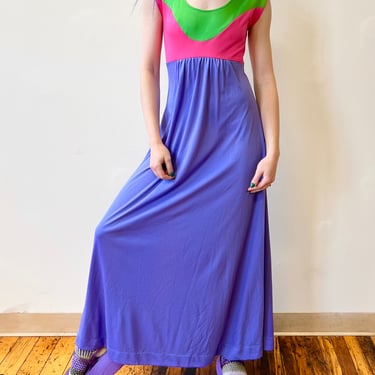 70’s Young Dimensions Neon Color Block Scoop Neck Psychedelic Maxi Dress