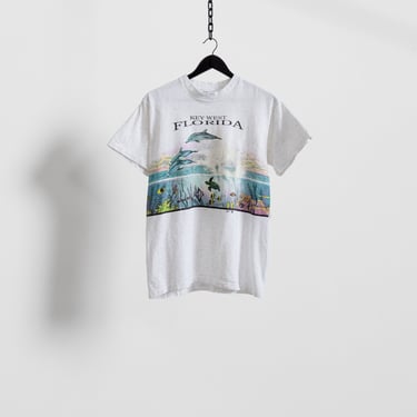KEY WEST FLORIDA Ocean Aquatic Dolphins Turtles Water Vintage Short Sleeves T-Shirts Graphic Tees Heather Grey / Small Medium 