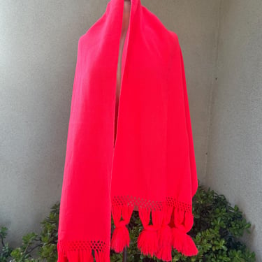 Vintage Mexican rebozo shawl wrap or table runner neon pink/orange with tassels 