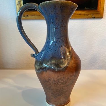 Vintage Handmade Studio Pottery Pitcher Artist Signed | Blue Glazed Ceramic Pitcher |  Drip Glazed Blue Brown Pitcher | Collectible Pottery 