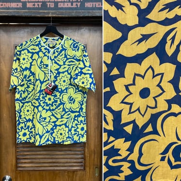 Vintage 1960’s -Deadstock- Floral Tiki Mod Henley Cotton Hawaiian Shirt, 60’s Vintage Clothing 