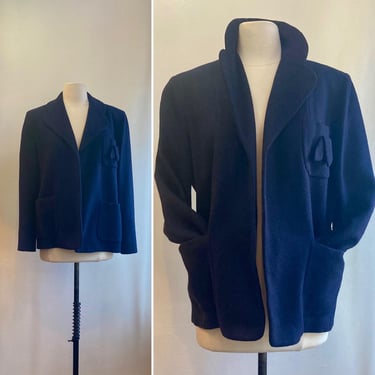 Vintage 40s Jacket Coat / Navy Blue Wool HOPSACK / Notch Collar + Detailed Chest Pocket + Patch Pockets / No Closure / Lined / I MAGNIN 