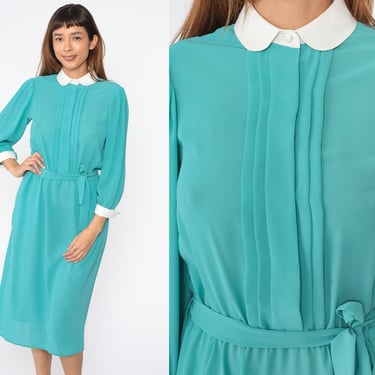 Sheer Turquoise Dress 80s Peter Pan Collar Dress Midi Dress Day Pleated High Waisted Long Puff Sleeve Vintage 1980s Belted Small Medium 