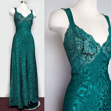 Victoria's Secret Emerald Green Damask Slip Dress Evening Gown, Satin, Long Night Gown, Leg Slit, Vintage Gold Label Sequins Lace Lingerie 