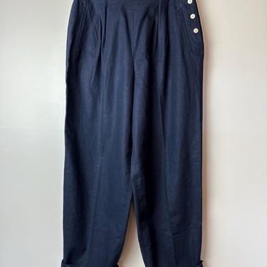 90’s Navy blue linen pants~Women’s high waisted pleated trousers ~ full leg, taper~ side buttons CHAUS sport ~ 50’s inspired/ size 34” waist 