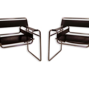 Pair of Vintage Black Leather and Chrome Wassily Style Chairs Mid Century Modern 