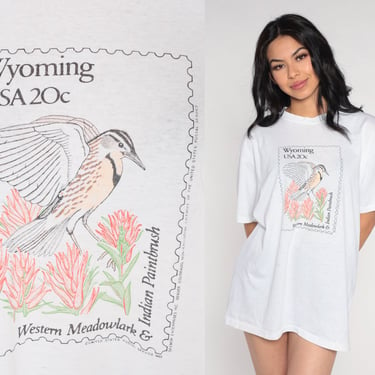 Wyoming Shirt 80s Floral Bird T-Shirt Western Meadowlark Indian Paintbrush Postage Stamp Graphic Tee Single Stitch White Vintage 1980s XL 