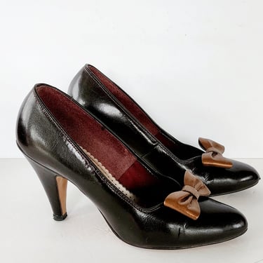 80s Brown Leather Pumps High Heels with Bow Clips by Chandlers Size 7 - Vegan - Original Box 