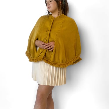 1960s Mustard Yellow Knit Fringe Poncho, sz. XL/1X