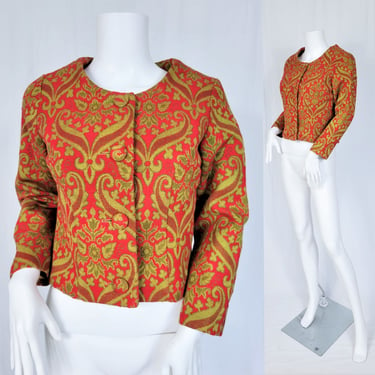 1960's Orange Olive Green Tapestry Print Cropped Jacket I Blazer I Sz Sm I Joseph Magnin 