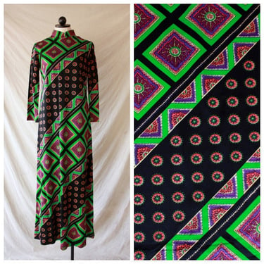 60s 70s Psychedelic Neon Blacklight Maxi Dress Size S / M 