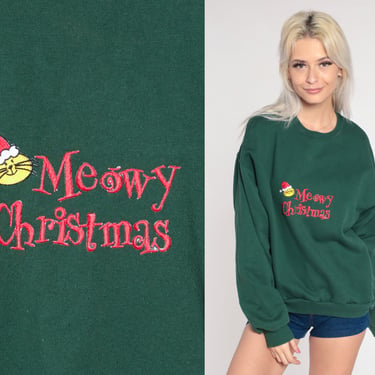 Christmas Cat Sweatshirt Y2K Meowy Christmas Crewneck Green Animal Print Jumper 00s Kitten Ugly Xmas Vintage Jerzees Medium 