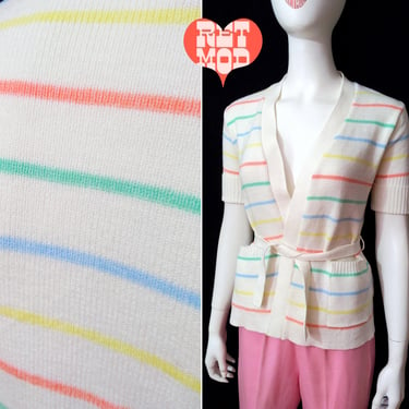 Chic Vintage 70s White & Pastel Rainbow Stripe Short Sleeve Knit Top with Pockets 