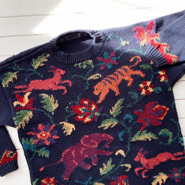 cute cottagecore sweater 90s vintage Tulchan deer tiger elephant embroidered sweater 