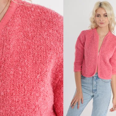 Pink Wool Cardigan 60s Open Front Knit Sweater Cropped 3/4 Sleeve Sixties Preppy Retro Knitwear Spring Bubblegum Girly Vintage 1960s Small S 