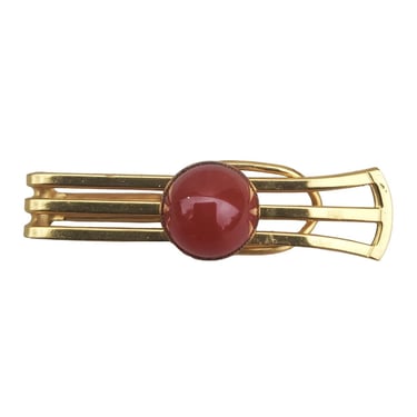 Mid Centuy Modern Gold Tie Bar Clip Clasp Carnelian Red Center Stone M2 