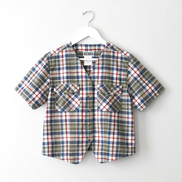 Vintage Cropped Button Up Shirt, 90s Plaid Cotton Blouse, S 