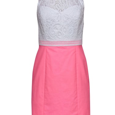 Lilly Pulitzer - Neon Pink Sheath Dress w/ White Lace Bodice Sz 4