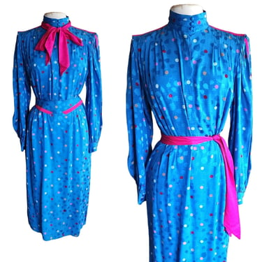Vintage 80s Blue Silk Dress Polkadot Print Francesca Damon Starington 