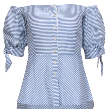 Pearl by Lela Rose - Blue & White Striped Off-the-Shoulder Puff Sleeve Blouse Sz 0