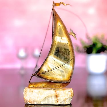 VINTAGE: 1970s - Signed John and Don De Mott Handcrafted Sail Boat Sculpture - Brass Copper Steel on Imported Onyx - Ca Artist 