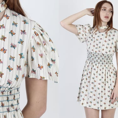Charming Butterfly Print Dress, Vintage Elastic Smocked Waist, 1970's Cute Cut Out Neckline Mini 