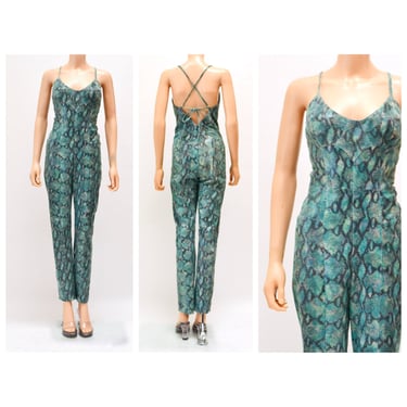 2000s Y2k Leather Jumpsuit Snake Print leather Cat Suit  Blue Green Snake Skin Print By Micheal Hoban North Beach Leather Size XS Small 