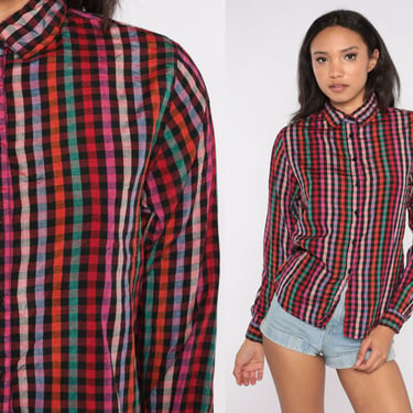 Rainbow Checkered Shirt 80s Button Up Blouse Gingham Plaid Long Sleeve Black Check Print Collared Top Vintage Retro 1980s Preppy Nerd Medium 