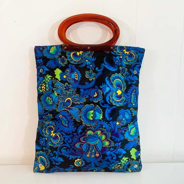 Vintage Lucite Handle Expandable Tote Bag Bakelite Folding Purse 1960s Lady's Pride Handbag Purse Blue Green Yellow Tortise Shell Handles 