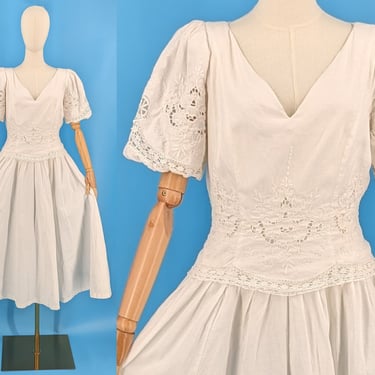 Vintage 80s Marie St. Claire White Linen Cotton Blend Lace Dress - Eighties Medium Short Sleeve Full Skirt Dress 