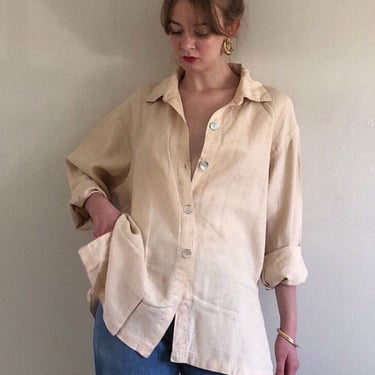80s linen shirt / vintage beige buttercream linen relaxed oversized over shirt blouse | Large 