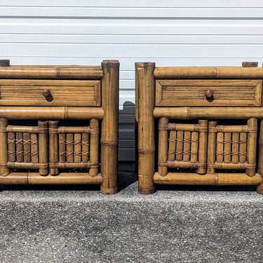 Vintage Modern Pair of Elephant Rattan Nightstands Bedside Tables 