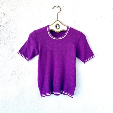 Vintage 60s 70s Sweater Knit Top Tight Purple Shirt 